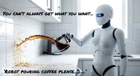 Futuristic AI Robot Spilling Coffee on White Kitchen Wall and Co
