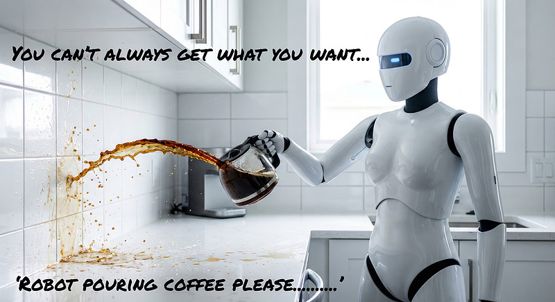 Futuristic AI Robot Spilling Coffee on White Kitchen Wall and Co
